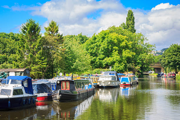 Barges and boats on the Leeds Liverpool canal near Rodley stock photo