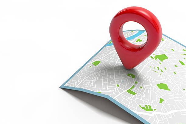 istock Red location marker on a city map 583732334