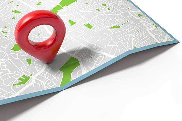istock Red location marker on a city map 583732338