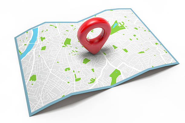 istock Red location marker on a city map 583732354