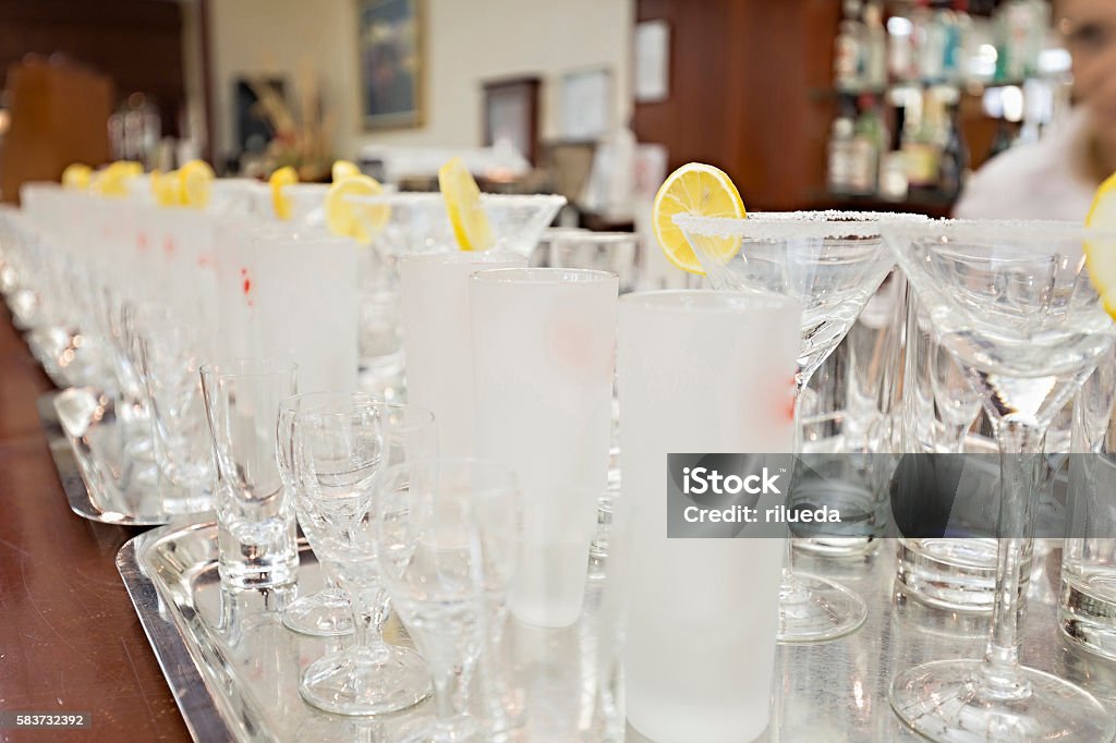 Empty glasses in restaurant ready to served with liquid Pub Stock Photo