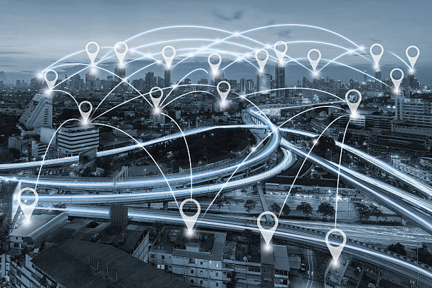 istock Map pin flat above blue tone city and network connection 583733070