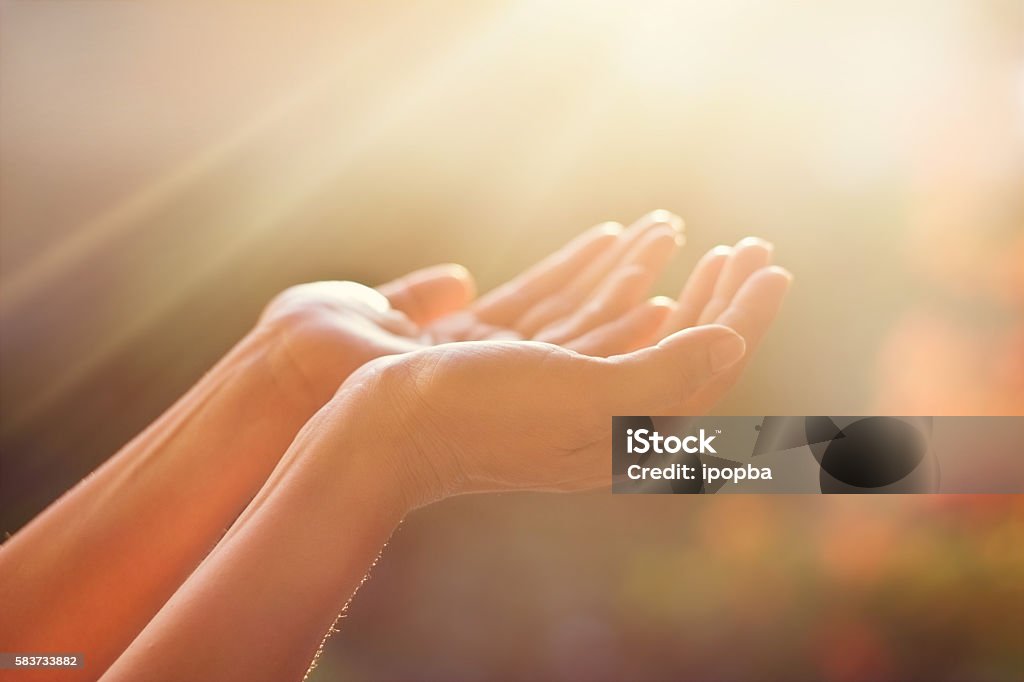 Respect and praying on nature background Praying Stock Photo