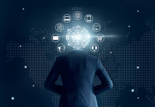 istock Businessman with global network connection head, on dark background 583733908