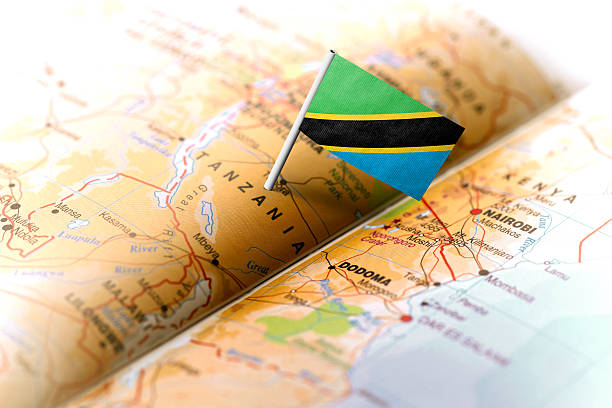 istock Tanzania pinned on the map with flag 583734450