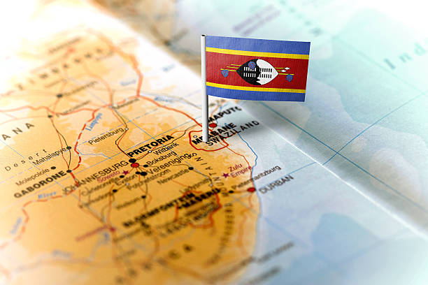 swaziland pinned on the map with flag - swaziland imagens e fotografias de stock