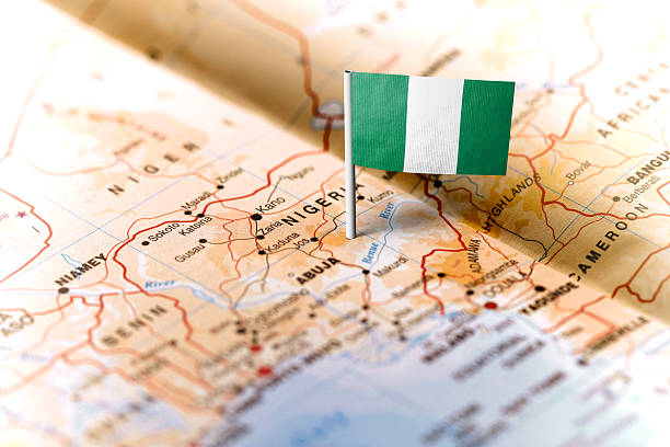 Nigeria on political globe with embedded flags. 3D illustration. 3D model of planet created and rendered in Cheetah3D software, 29 Sep 2017.