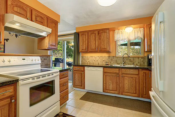 istock Light tones kitchen room interior with white appliances. 583735646