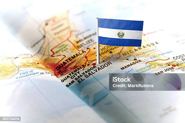 El Salvador Pinned On The Map With Flag Stock Photo - Download Image Now - El Salvador, Flag, Map