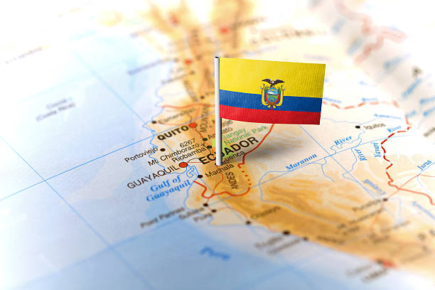 istock Ecuador pinned on the map with flag 583736942