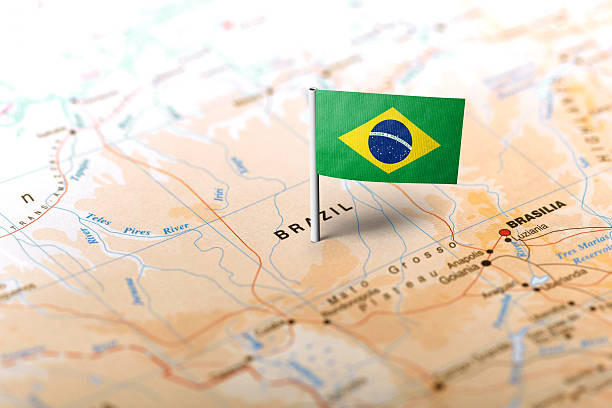 istock Brazil pinned on the map with flag 583794958