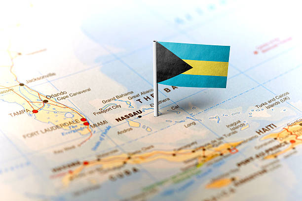 istock Bahamas pinned on the map with flag 583795222