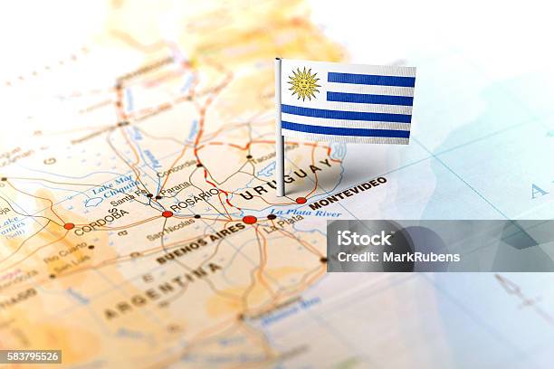 Uruguay Pinned On The Map With Flag Stock Photo - Download Image Now - Uruguay, Map, Flag