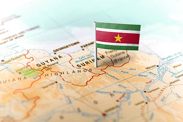 istock Suriname pinned on the map with flag 583795578