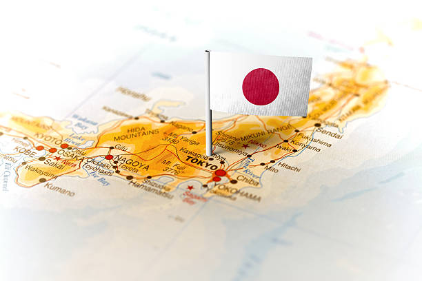 국기가 있는 지도에 고정된 일본 - japanese flag 뉴스 사진 이미지