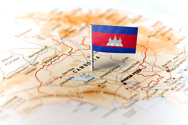 istock Cambodia pinned on the map with flag 583796972