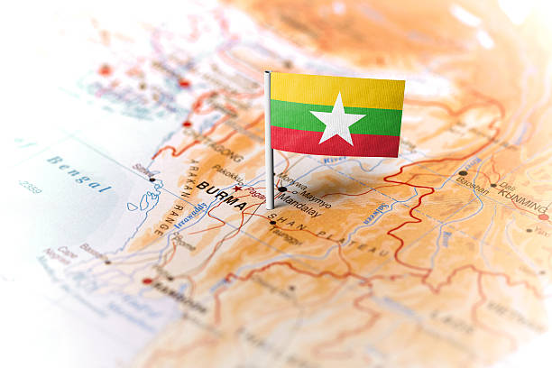 istock Burma pinned on the map with flag 583797012