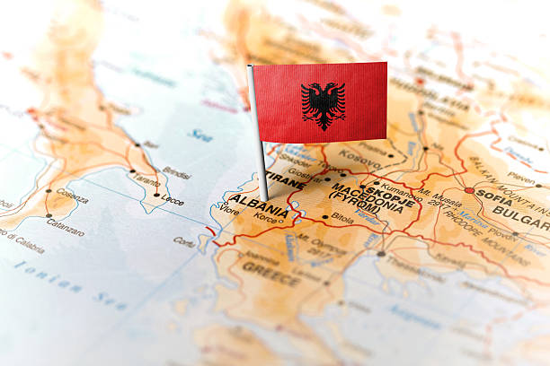 istock Albania pinned on the map with flag 583797370