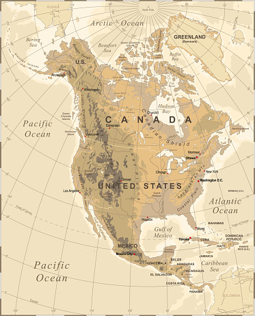 Highly detailed colored vector illustration of North America map -
