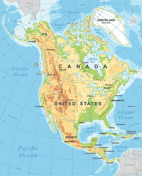 nordamerika - physische karte - map central america panama guatemala stock-grafiken, -clipart, -cartoons und -symbole