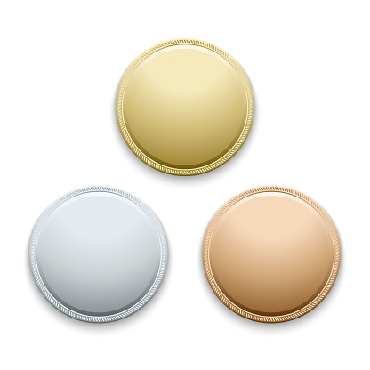 Round empty polished gold, silver, bronze, medals, coins vector template. Blank template for medal and illustration round gold medal