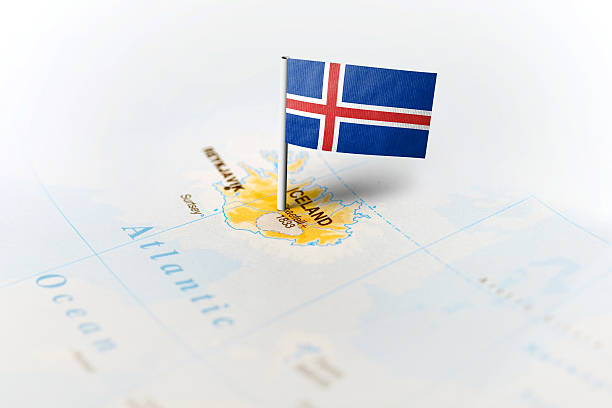 istock Iceland pinned on the map with flag 583799780