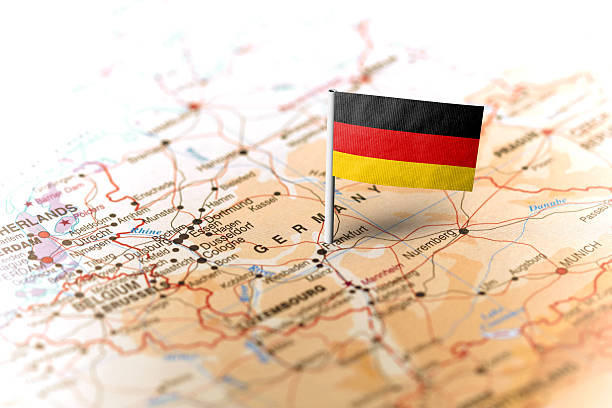 istock Germany pinned on the map with flag 583799946