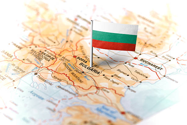 Bulgaria pinned on the map with flag The flag of Bulgaria pinned on the map. Horizontal orientation. Macro photography. bulgaria stock pictures, royalty-free photos & images