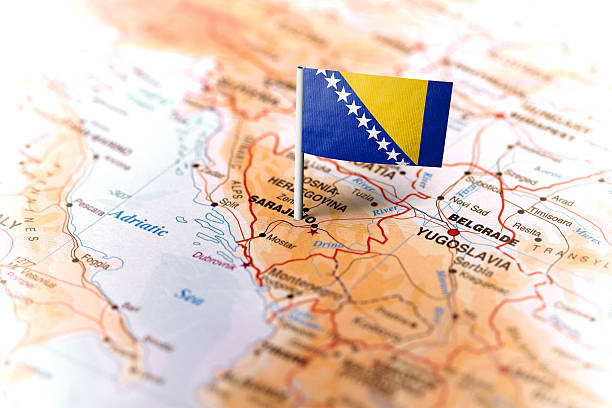 istock Bosnia and Hercegovina pinned on the map with flag 583800510