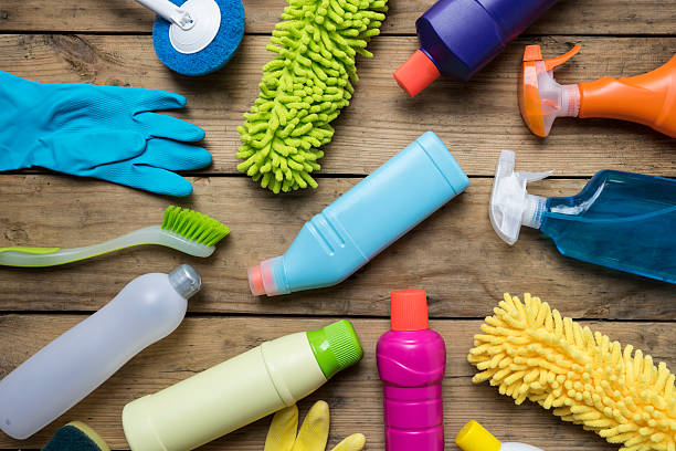 istock House cleaning product on wood table 583803110