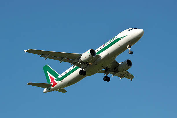 Borispol, Ukraine - June 9, 2011: Alitalia Airbus A320 is landing against blue sky in summer
