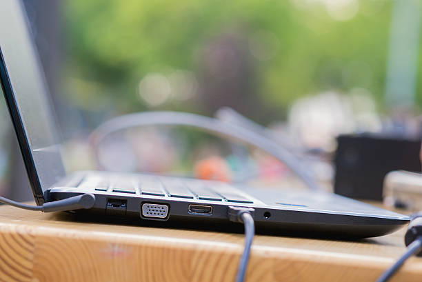 Laptop with blank screen on wooden table at concert, computer, concert, dance, desk, disco, display, Laptop,