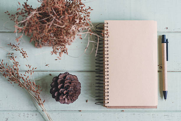 istock Dry flower with blank notebook on old wooden table 583806212