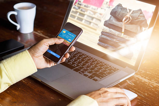 Mobile payments, Man using smartphone  shopping online