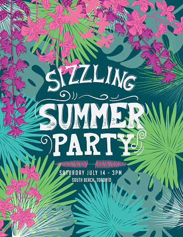 Tropical Sizzling Summer Party Invitation Template. Colorful tropical plants and hand drawn lettering.
