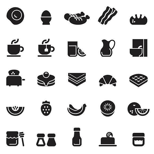 illustrations, cliparts, dessins animés et icônes de icônes du petit déjeuner [édition noire] - waffle sausage breakfast food