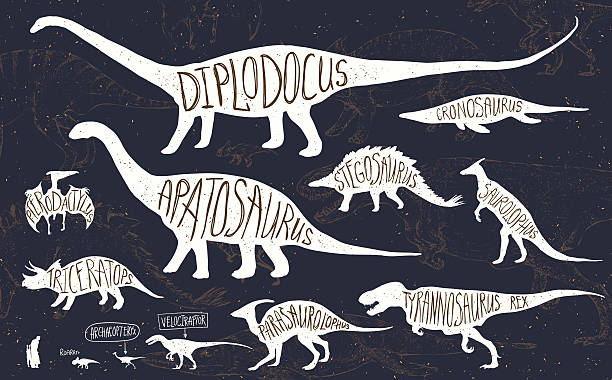 набор силуэтов динозавров и окаменелостей. - illustration and painting geologic time scale old fashioned wildlife stock illustrations