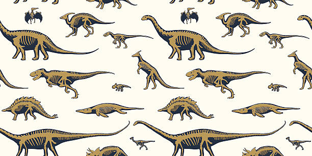 бесшовный узор с набором скелетов динозавров. - illustration and painting geologic time scale old fashioned wildlife stock illustrations