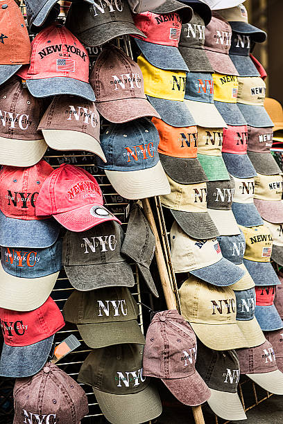 New York hat stand with NYC baseball caps on display