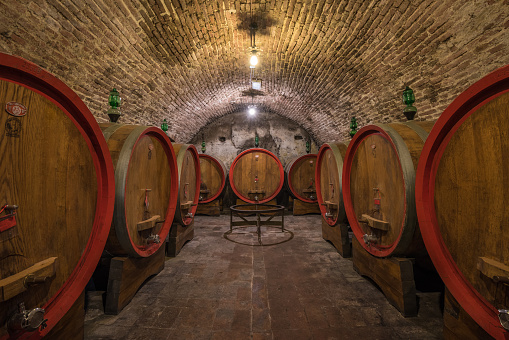 Wine barrels in a Montepulciano cellar, Tuscany