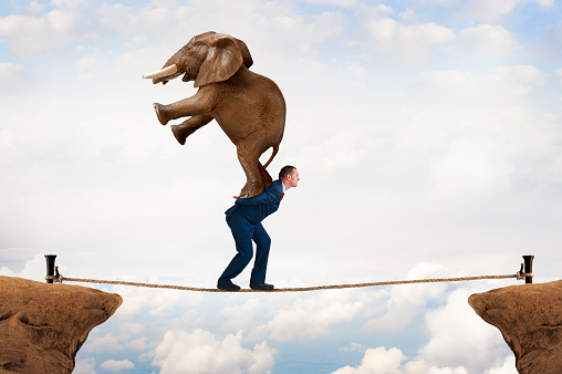 business challenge concept businessman carrying an elephant across a tightrope chasm