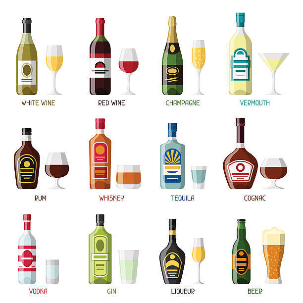 ilustrações de stock, clip art, desenhos animados e ícones de alcohol drinks icon set. bottles, glasses for restaurants and bars - red wine