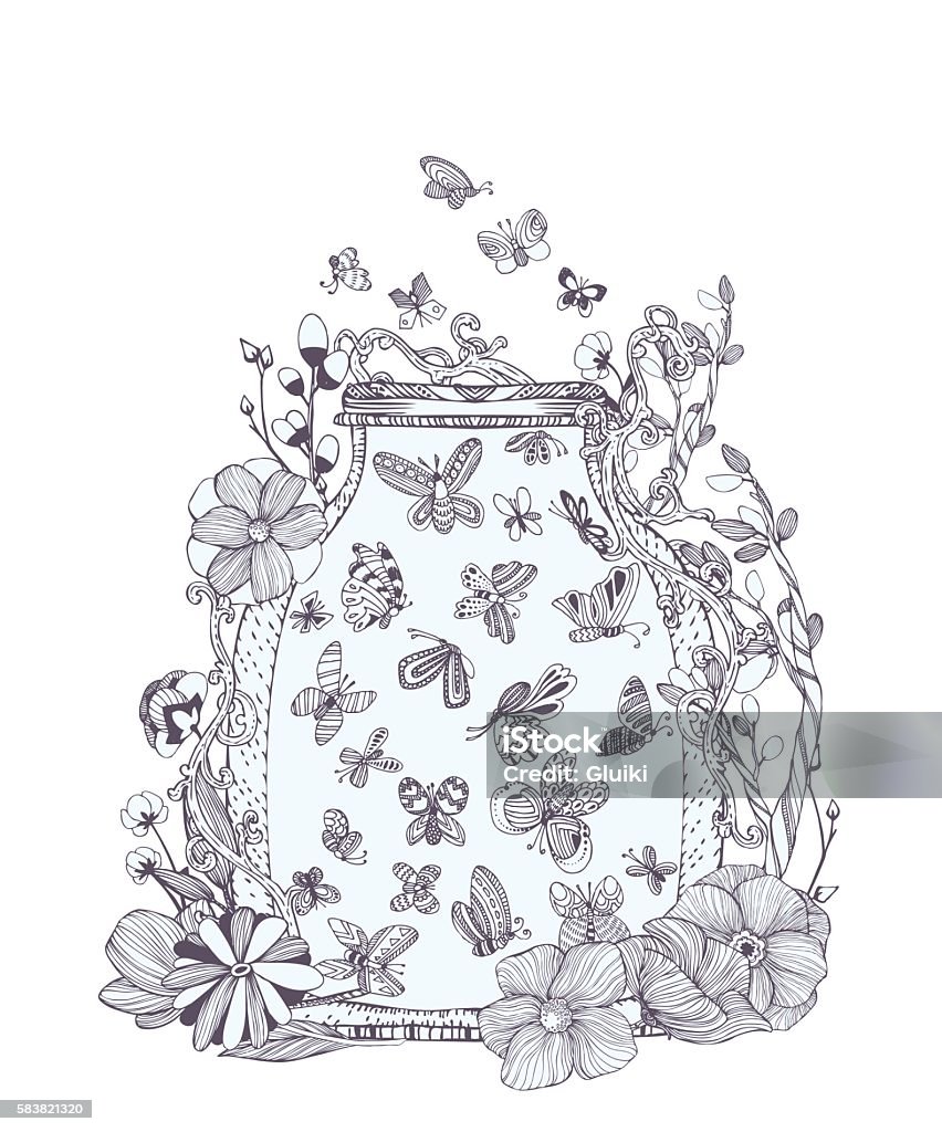 Black and white set of cute butterflies in bug. Black and white set of cute butterflies in bug, flowers. Jar with fireflies, doodle collection for adult coloring book page. Hand drawn vector illustration, decorative separated elements. Firefly stock vector