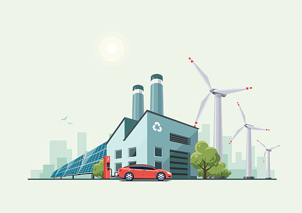 illustrazioni stock, clip art, cartoni animati e icone di tendenza di fabbrica di riciclaggio eco verde - automobile elettrica illustrazioni