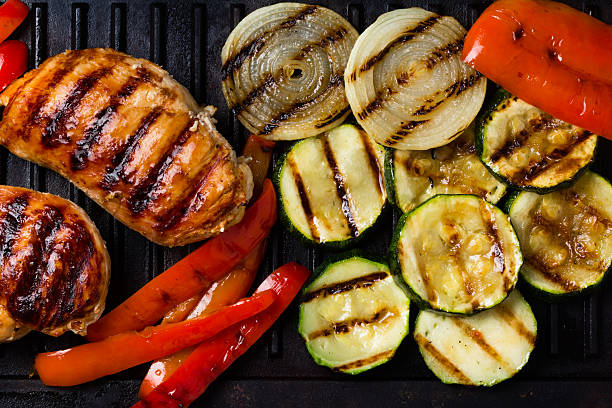 istock Barbecue grilled chicken and vegetables on cast iron table 583823414