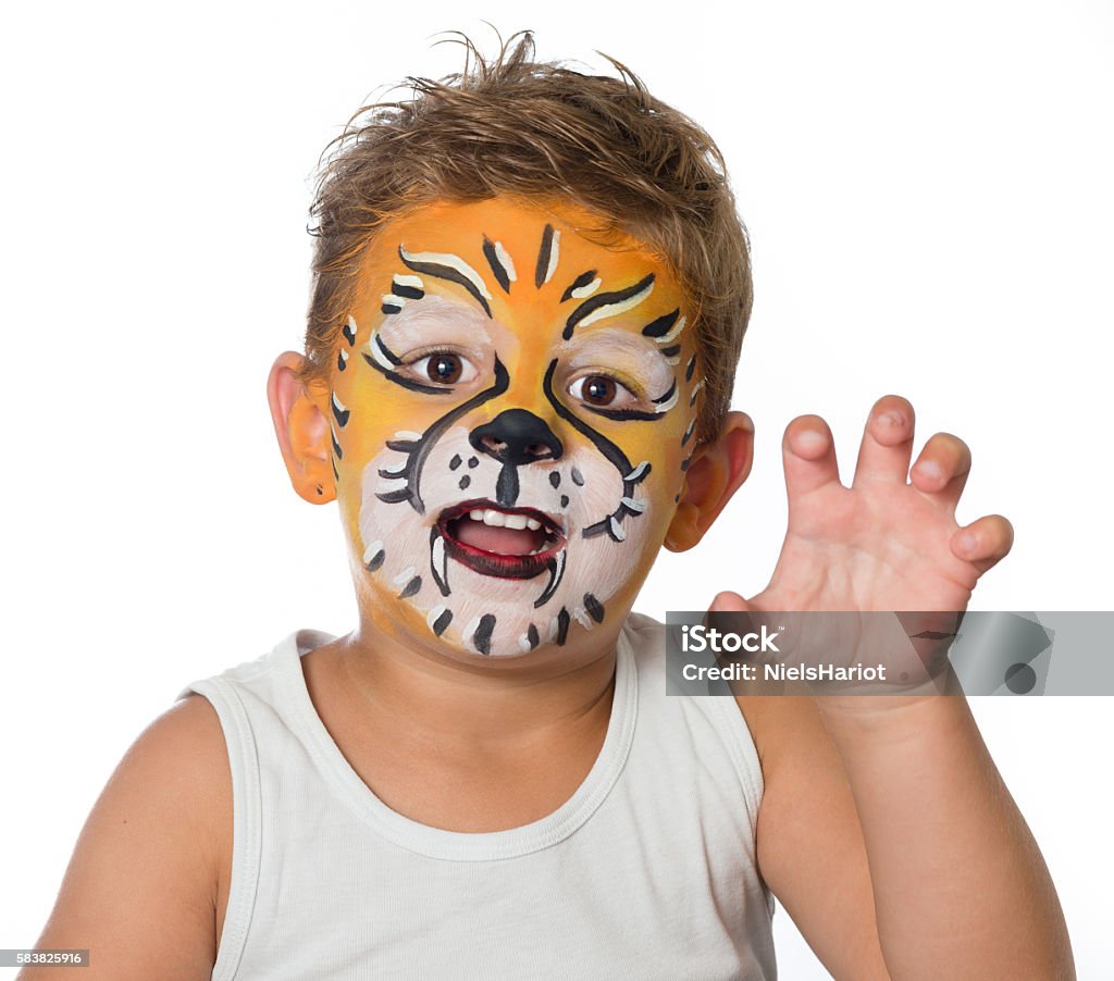 Lovely Adorable Kid With Paintings On Face As Tiger Lion Stock ...