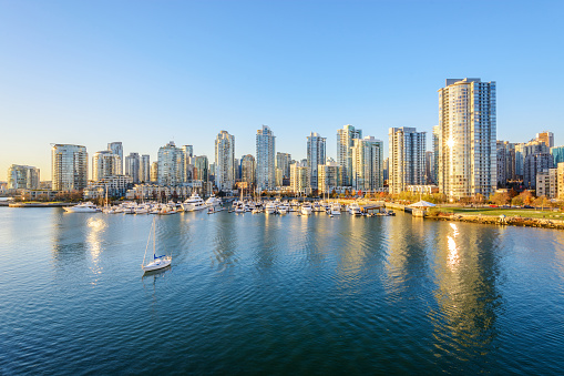 View from the Cambie Bridge. Downtown skyline in Vancouver, Canada.