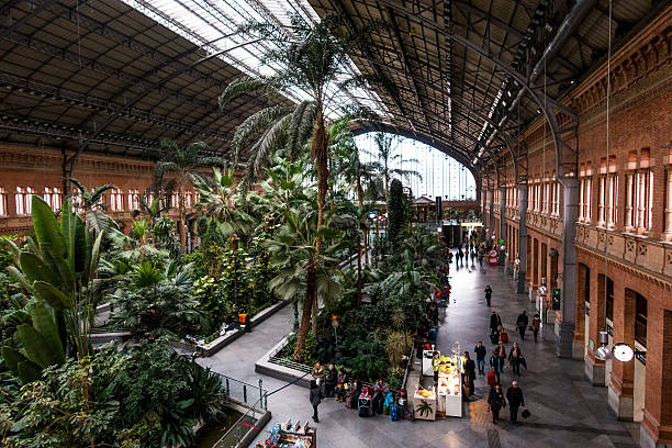 Madrid, Spain, September 2022.  panoramic view of the tropical garden inside the Atocha railway station in the city center