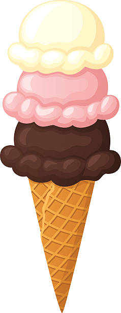 Ice Cream Cone Vector illustration of a three-scoop ice cream cone. Illustration uses linear gradients and transparencies. Both .ai and AI10-compatible .eps formats are included, along with a high-res .jpg, and a high-res .png with transparent background. scoop shape stock illustrations