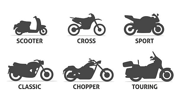 ilustraciones, imágenes clip art, dibujos animados e iconos de stock de conjunto de iconos tipo de motocicleta y objetos de modelo. - ciclomotor